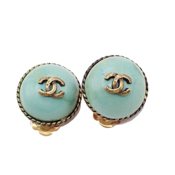 CHANEL CC Logo Color Stone Round Button Earrings Clip-On 00A Blue GHW 34KA602 - Picture 11 of 15